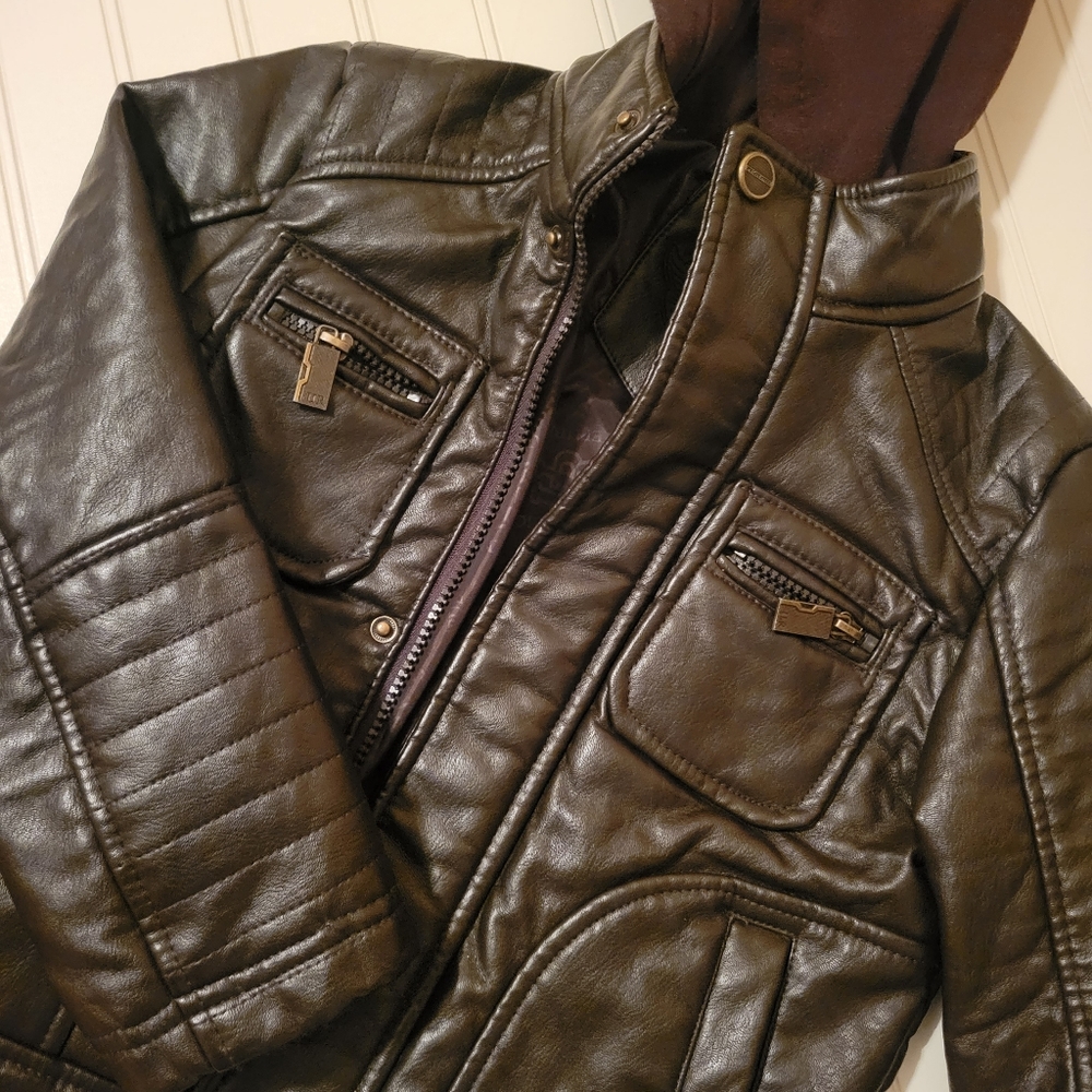 Urban Republic Dark Brown Faux Leather Bomber Jacket with Hood Boy's 5